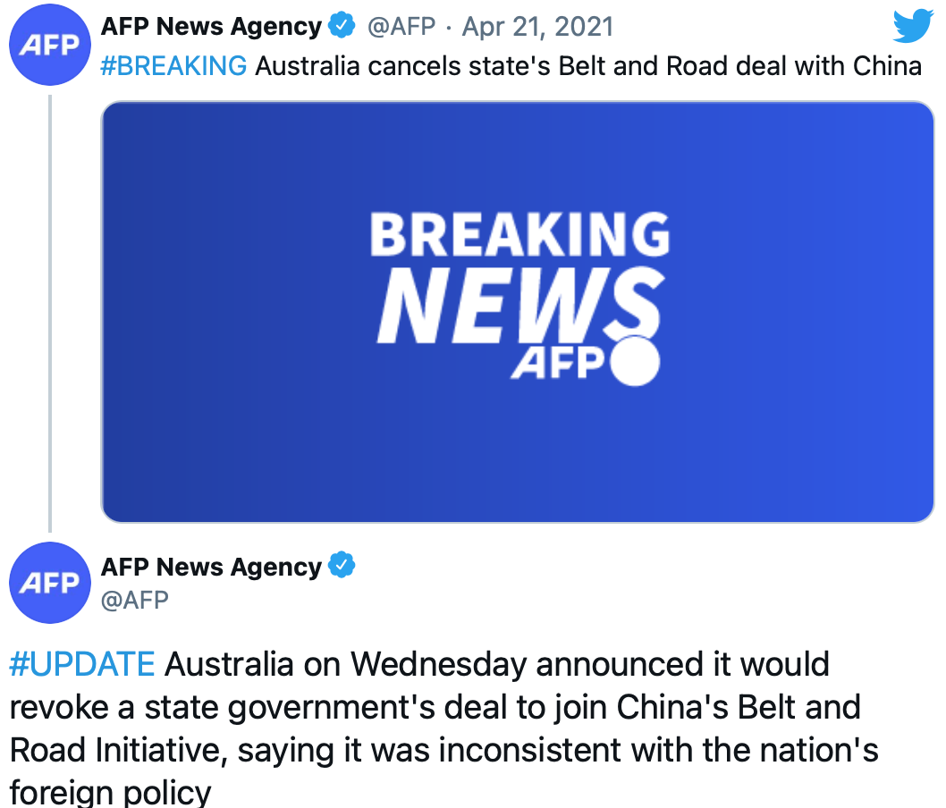 澳联邦政府宣布取消维多利亚州和中国一带一路协议