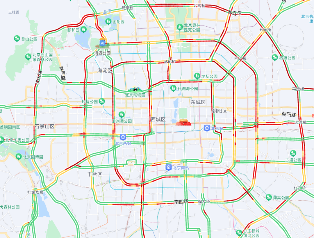 北京市的路况已经出现大面积红色