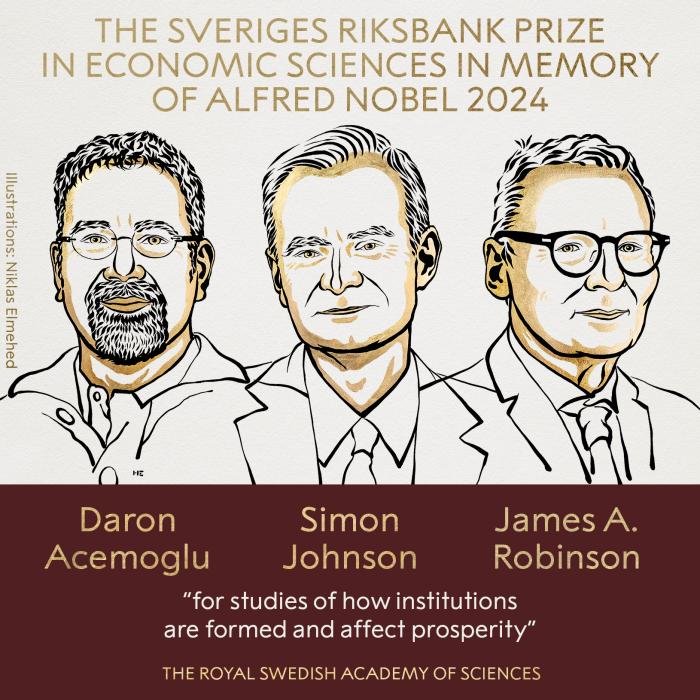 2024年诺贝尔经济学奖公布，Daron Acemoglu，Simon Johnson和James A. Robinson获奖
