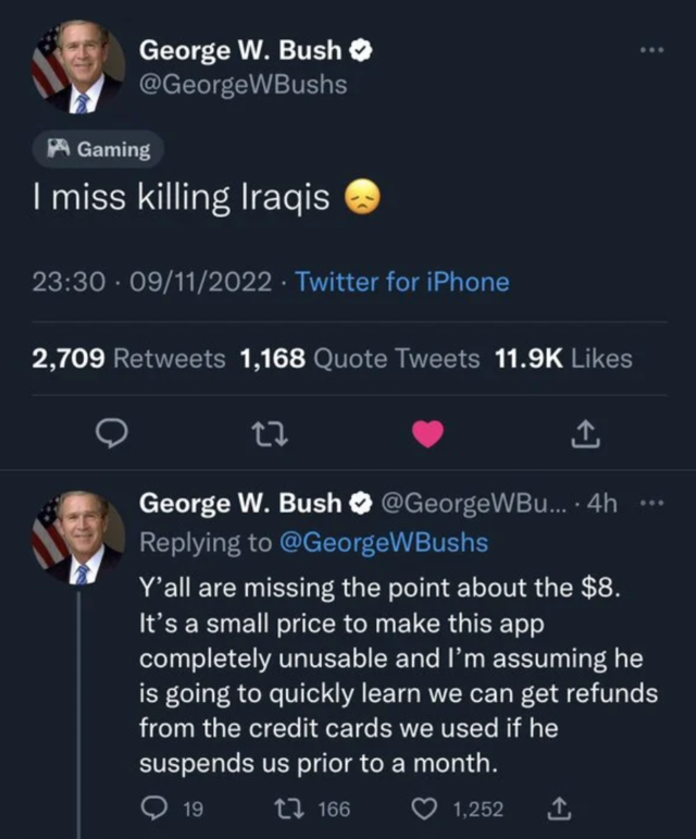 一个名叫“乔治·W·布什”（前美国总统小布什）的推特账户发文