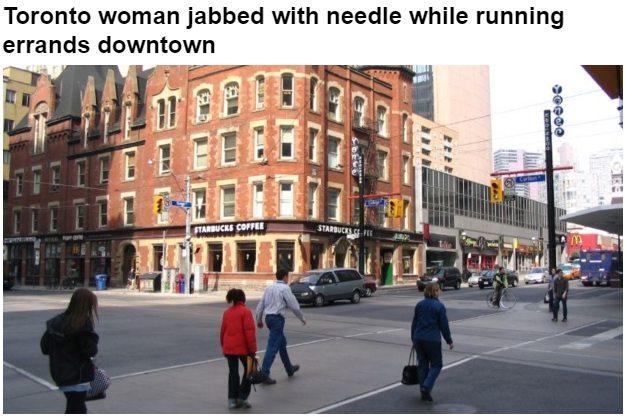多伦多华人Junlan Li在市中心办事时，一名路人撞到她，并在她的后背上扎了一针 ...
